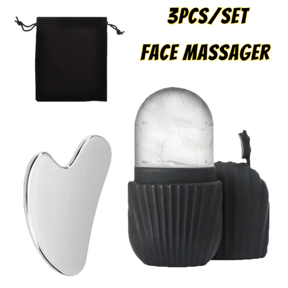 1/3PCS Ice Face Roller Stainless Steel Gua Sha Board Set Facial Massager Face Massage Roller Face Lifting Beauty Skin Care Tools Quick Pick Grocers
